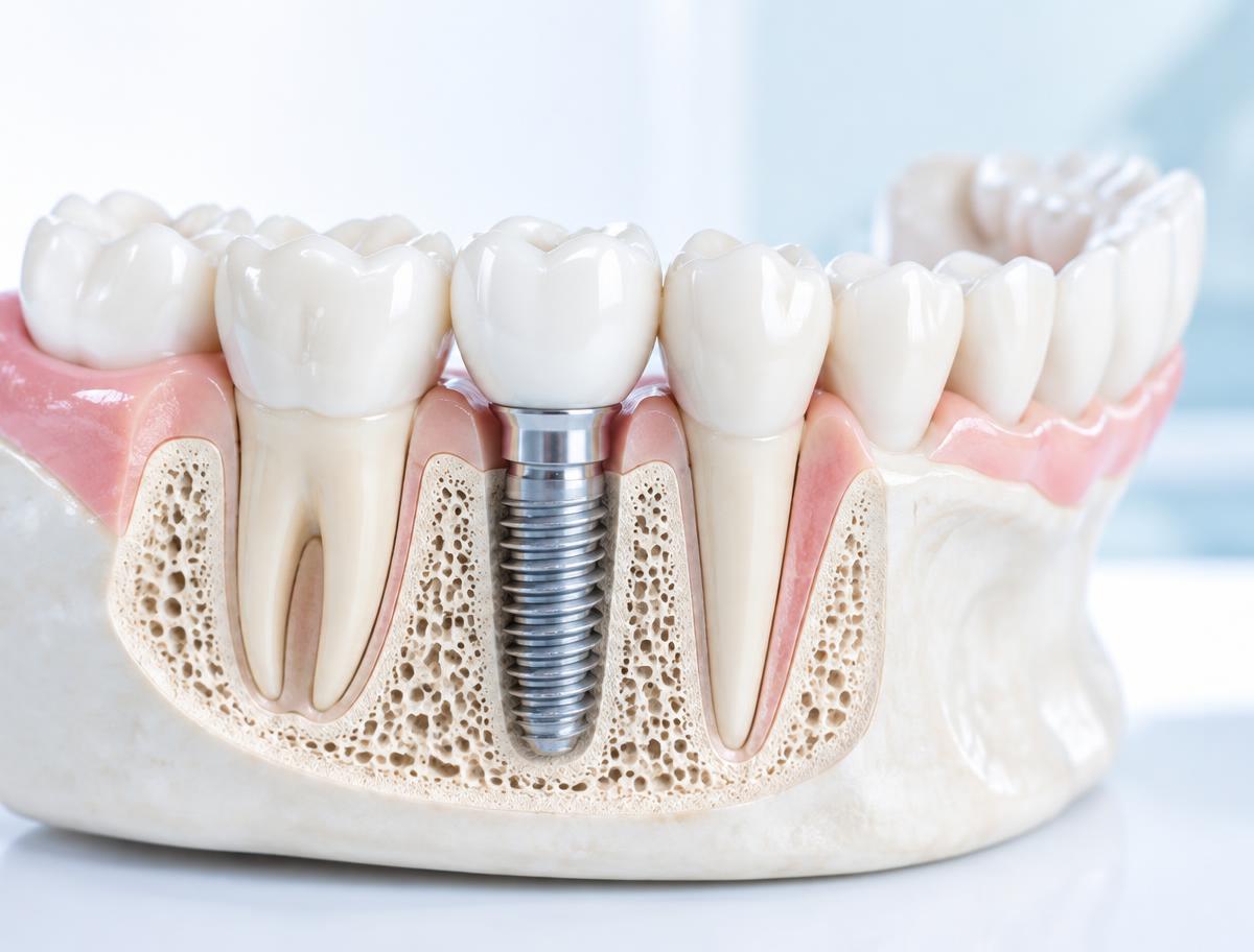 Clinical model showing a titanium dental implant and crown